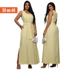 Vestido Longo Feminino Alfaiataria Elegante com Faixa Versátil e Bolsos Funcionais do 38 ao 46