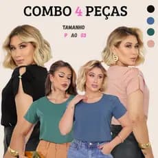 Conjunto 4 Blusinhas Femininas Pluz Size Leves Elegantes Plaquinha Decorativa Manga Curta