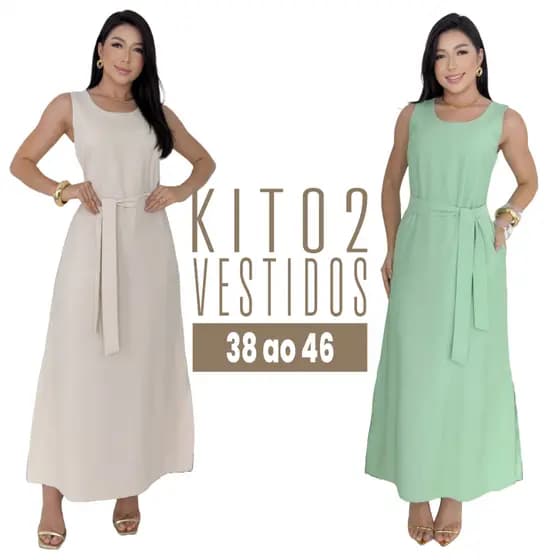 Kit 2 Vestidos Femininos Longos Marrant com Cinto Versátil Elegante Soltinho Verão Envio Imediato