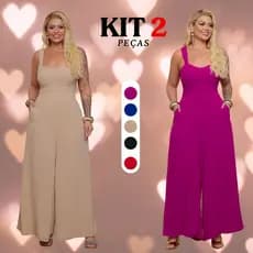Kit 2 Macacões Femininos Pantalona Longo Fluido com Bojo Alças Largas Casual Chic Confortável