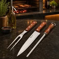 Kit Churrasqueiro Faca Garfo Chaira Aço Inox Cabo Madeira Churrasco Carne Picanha Costela Gourmet Grill Assado