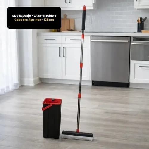 Mop Esponja Pva Com Balde Giro Cabo Aço Inox 125cm Rápido Prático Eficiente Limpeza