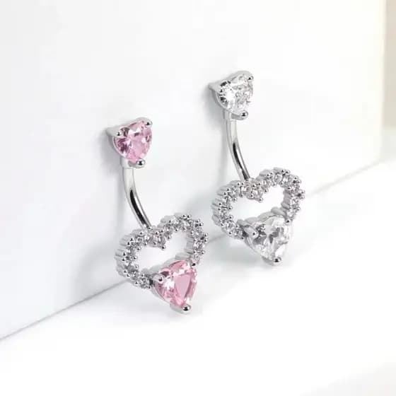 Piercing Umbigo Dois Corações Com Pedraria De Zircão-Prata/ Rosa