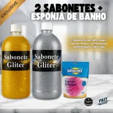 Kit 2 Sabonetes Líquidos com Glitter 1L Dourado e Prata + Bucha de Banho