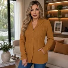 Casaco Longo Feminino Aberto Botões e Bolsos Tricot Tranças Lã Alfaiataria Moda Inverno Elegante