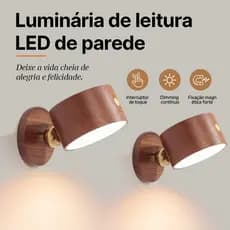 Luminária de Leitura LED Madeira Magnética Touch USB Recarregável 3 Cores para Cabeceira Quarto Corredor