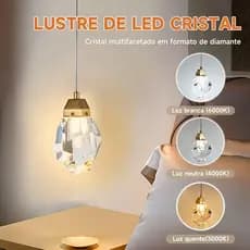 Lustre LED Cristal Diamante 3 Tons de Luz Dourado Bivolt Para Quarto e Cozinha Iluminação de Ambiente DecoraçãoDoméstica