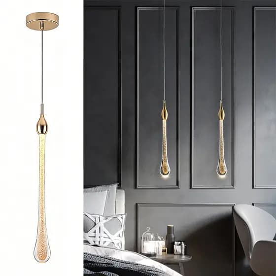 Pendente LED Gota de Cristal Dourado Bivolt Luz Suave Para Quarto e Bar 110-220V 3000K Ambiente de Hotel