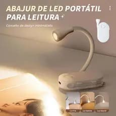 Luminária de leitura dobrável com clipe, rotação de 360°, ajuste contínuo de brilho, carregamento USB e luz tricolor