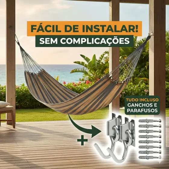 Rede de Descanso Casal Terra & Sol 3,90 x 1,50 + Par de Ganchos c/ 8 Buchas e 8 Parafusos 10mm Fios e Redes