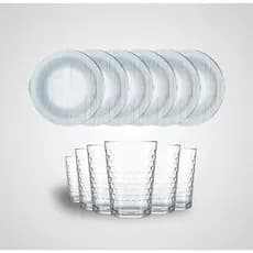 Kit Jogo 6 Pratos Fundos Cristal e 6 Copos Batuque de Vidro Transparente 265ml