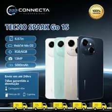 Tecno Spark Go 1S 4G, Modelo 2026, e Spark Go 1, 64GB e 3GB RAM, Bateria 5000MAH, VERSÃO GLOBAL, NOVO/LACRADO