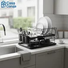 Escorredor Loucas 2 Andares Organizador Cozinha Preto Fosco Compacto Resistente