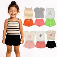 Kit 4 Peças Sortidas Conjunto Roupa Infantil Manga Curta Feminino Menina Estação Verão Primavera Bordado