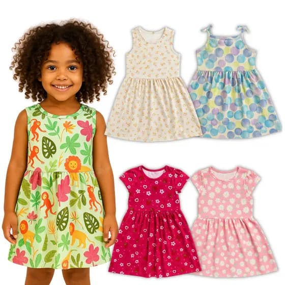 Kit 3 Peças Vestidos Estampados Feminino Menina Infantil Juvenil Roupa Estação Verão Primavera