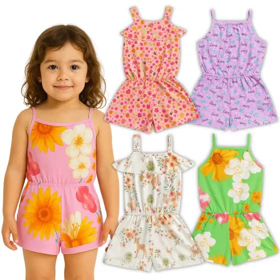 Kit 2 Peças Macaquinhos Feminino Estação Verão Primavera Estampados Feminino Infantil Juvenil Menina