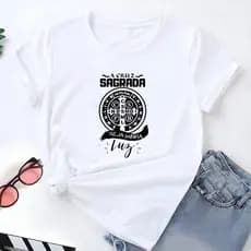 Blusa T-shirt Linda Camiseta Feminina Medalha De Sao Bento A Cruz Sagrada Camisa