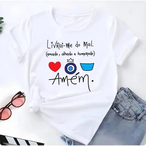 Blusa T-shirt Linda Camiseta Feminina Livrai-me Do Mal Amado Olhado e Humorado Camisa