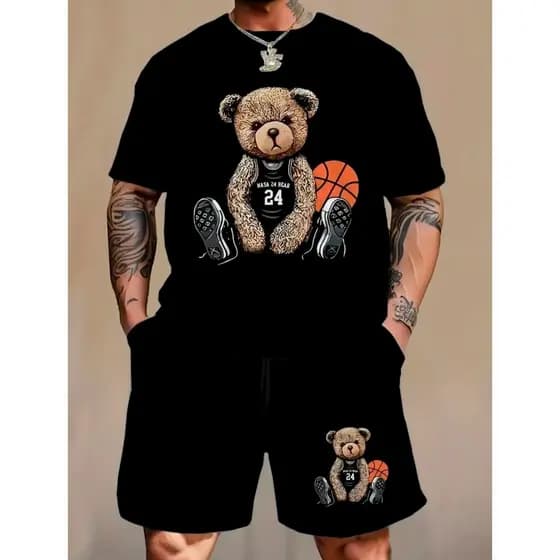 Conjunto Camiseta Básica Urso Basquete (FRENTE) Unissex StreetWear + Bermuda Mole Urso Basquete (BARRA) com Bolso