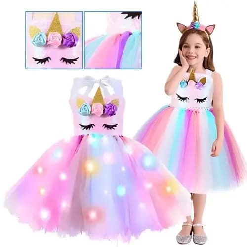 Fantasia Infantil Unicórnio com LED e Tiara Roupa Festa Brilhante Menina Luxo