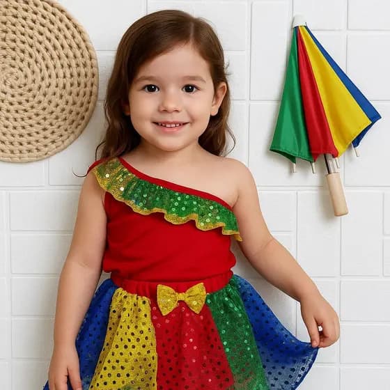 Fantasia Infantil Frevo com Guarda Chuva Roupa Festa Junina Carnaval Colorida