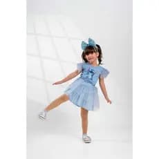 Fantasia Infantil Stitch Azul Claro com Tiara Roupa Festa Cosplay Menina