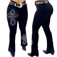 Calça Country Flare Jeans Feminina de Luxo Cruz Cintura Alta Modela Bumbum Brilhos Rodeio Vaquejada