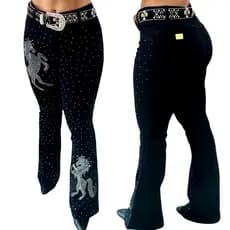 Calça Country Flare Jeans Feminina Luxo Cavalaria Cintura Alta Modela Bumbum Brilho Rodeio Vaquejada