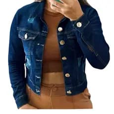 Jaqueta Jeans Feminina Barra Feita Escura Botões Dourados Linha Premium