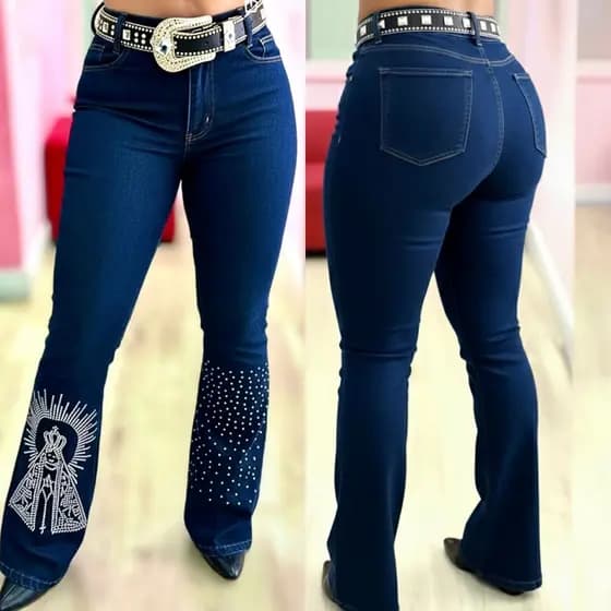 Calça Country Flare Jeans Feminina N. Sra Aparecida Cintura Alta Premium Brilhos Rodeio Vaquejada