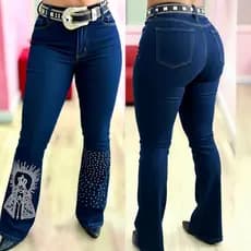 Calça Country Flare Jeans Feminina N. Sra Aparecida Cintura Alta Premium Brilhos Rodeio Vaquejada