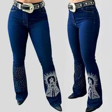 Calça Country Flare Jeans Feminina N. Sra Aparecida Padroeira Linha Premium Brilhos Rodeio Vaquejada