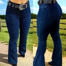 Calça Country Flare Jeans Feminina Luxo Pedrarias Cintura Alta Modela Bumbum Brilho Rodeio Vaquejada