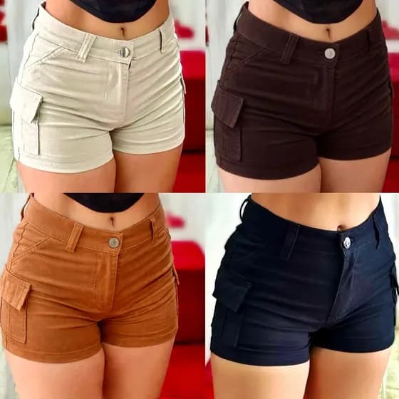 Short Cargo Jeans Denim Sarja Feminino Cintura Alta Modela Bumbum Linha Premium Bolso Laterais Cores