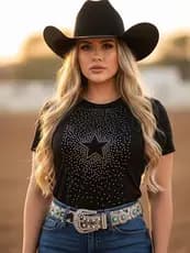 Camiseta Country Feminina de Luxo Cowgirl Boiadeira Camisa Baby Look Rodeio Festa Do Peão Texas West