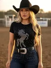 Camiseta Country Feminina de Luxo Cowgirl Boiadeira Camisa Baby Look Rodeio Festa Do Peão Texas