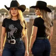 T-shirt Blusa Camiseta Country de Luxo Pedrarias Brilhos Linha Premium Rodeio Vaquejada Festa West