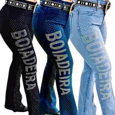 Calça Country Flare Jeans Feminina Luxo Boiadeira Cintura Alta Modela Bumbum Brilho Rodeio Vaquejada