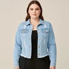 Jaqueta Jeans Feminina Plus Size Denim Clara Manga Longa Cores Desfiada Linha Premium
