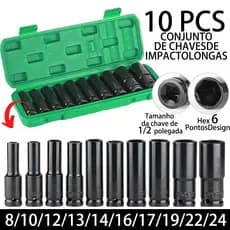 Jogo Soquetes de Impacto longos 1/2 com 10 Peças do 8 ao 24mm Vem com um kit de ferramentas