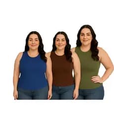 Kit 3 peças Regatas Plus Size em Ribana Sortido - Regata Ribana + Regata Alça Larga + Regata Gola Redonda Cavada