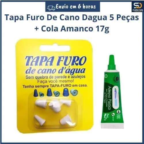 Kit Tapa Furo De Cano Furado De Agua Cartela 5 Peças + Cola Amanco 17g