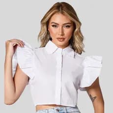 Blusa Cropped Feminina Manga Curta de Babados Elegante