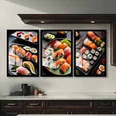 Quadros Decorativos Sushi Japonês Kit 3 Peças para Cozinha e Restaurante