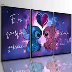 Quadros Decorativos Stitch Frases Positivas Namorados 3 Peças Lillo Desenho Sala