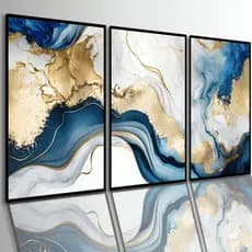 Quadros Decorativos Grande Abstrato Moderno Azul com Dourado Sala Quarto