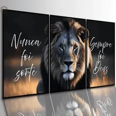 Quadros Decorativos Leão Frase Nunca Foi Sorte 3 Peças Premium Sala Quarto