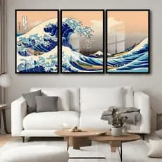 Quadros Decorativos Onda de Kanagawa Japonesa 3 Peças Grande Onda Hokusai Sala