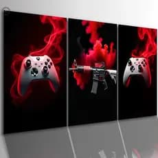Quadros Decorativos Gamer FPS Controle Xbox e Rifle M4 Kit 3 Peças Quarto Sala