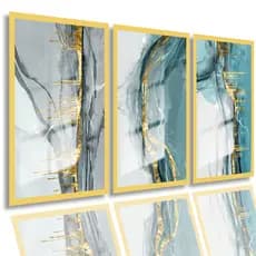 Quadros Decorativos Abstratos Azul e Dourado - Conjunto Moderno Sala Quarto